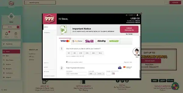 click the 777 Casino login button and navigate to the cashier section