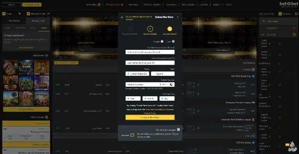 enter your phone number and currency on Betobet casino