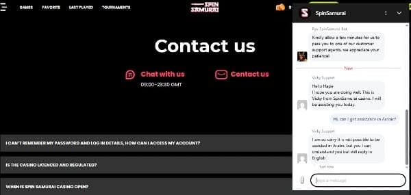 Customer Support at Spin Samurai casino