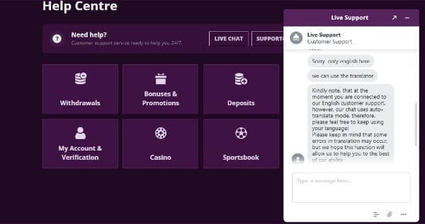 Customer Support at Malina Casino