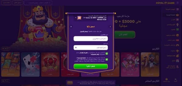 Enter your email, username, password and accept terms of service on RoyalGame Casino
