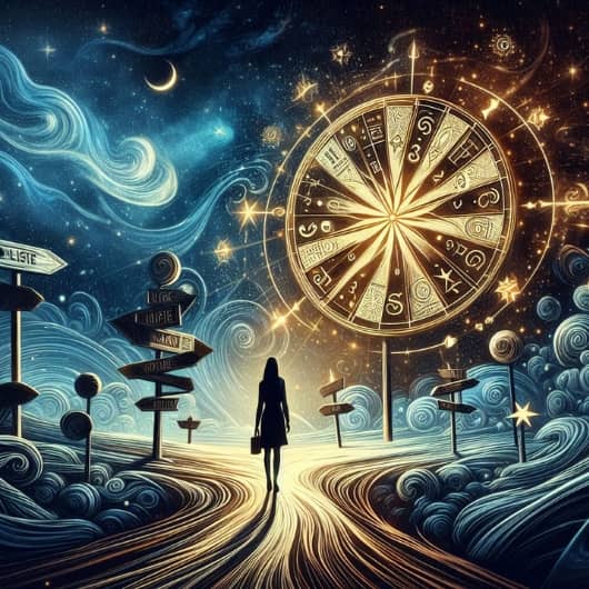 A woman's silhouette against a backdrop of stars and the roulette wheel of fate