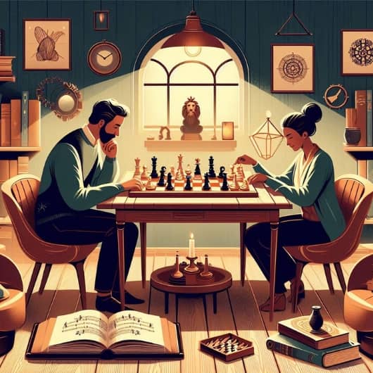 a woman and a man playing chess