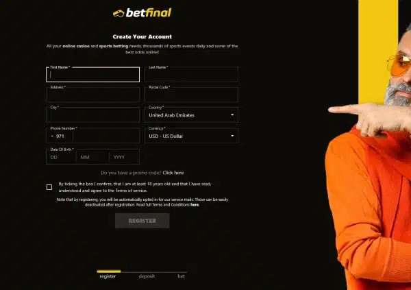 Fill out betfinal casino registration form
