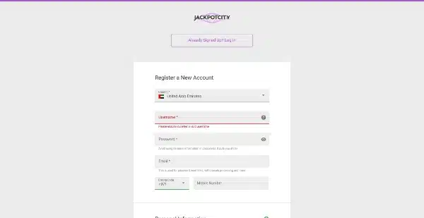 fill out the form with the requested information on JackpotCity Casino