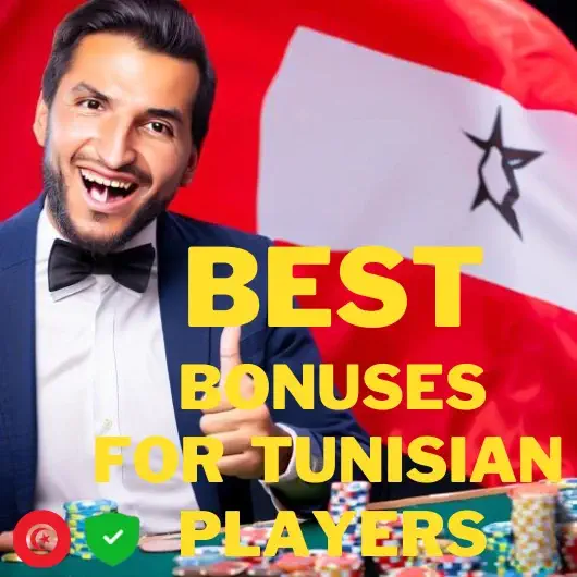 a man against the background of the Tunisian flag and casino chips with a thumb up rejoices in victory