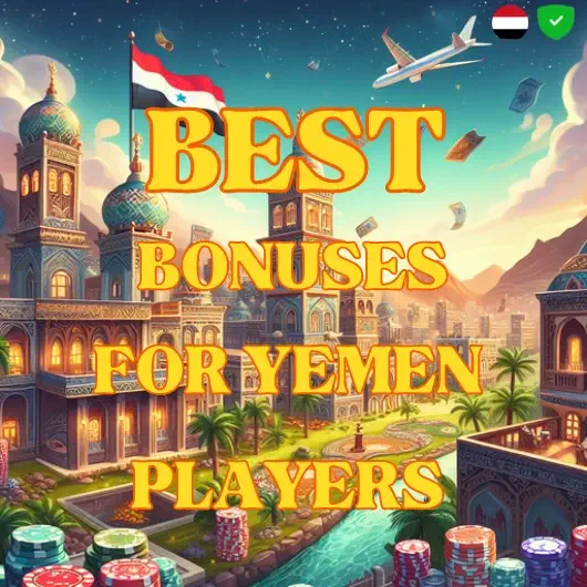 a beautiful palace in the Arabic style with the flag of Yemen against the backdrop of mountains, a river and casino chips, and in the sky an airplane scatters money