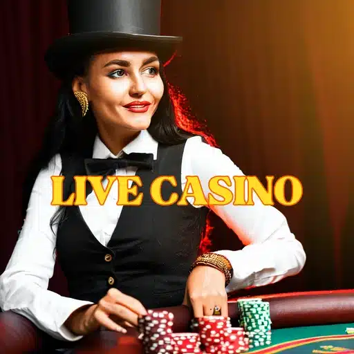 Live Dealer casino croupier sitting in front of casino table in front of chips