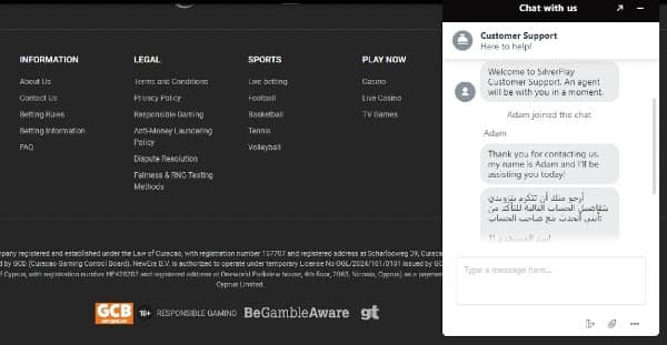 Customer Support at Silverplay casino site