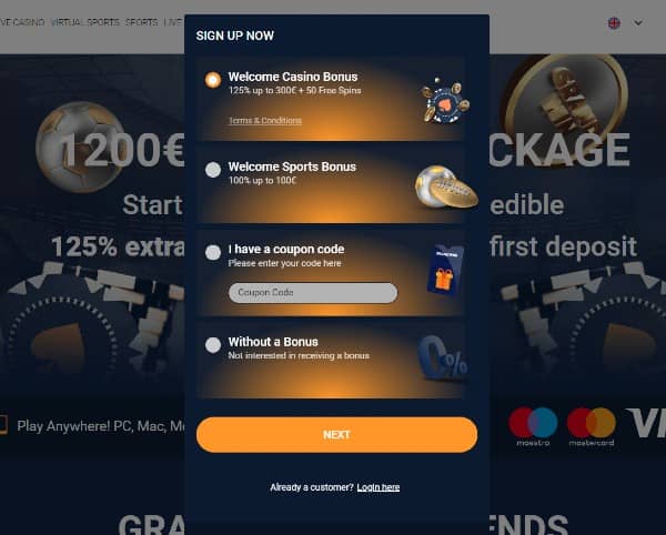 choose your preferred welcome package on GrandWin casino site