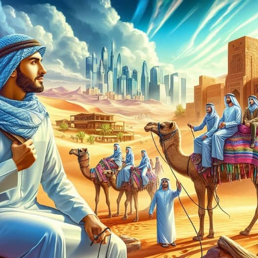 التجار العرب على خلفية الصحراء وناطحات السحاب