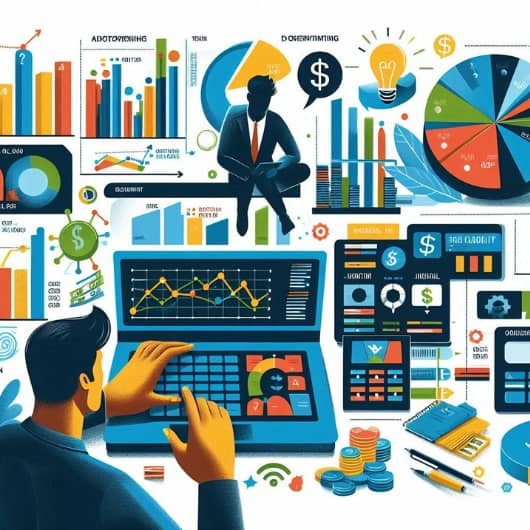 رجل يعمل على جهاز كمبيوتر محمول على خلفية الرسوم البيانية والمخططات المالية